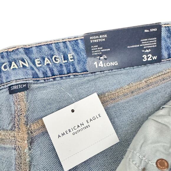 American Eagle High Rise Flare Jeans Women’s 14 Long Blue Stretch Classic NEW - Picture 2 of 5